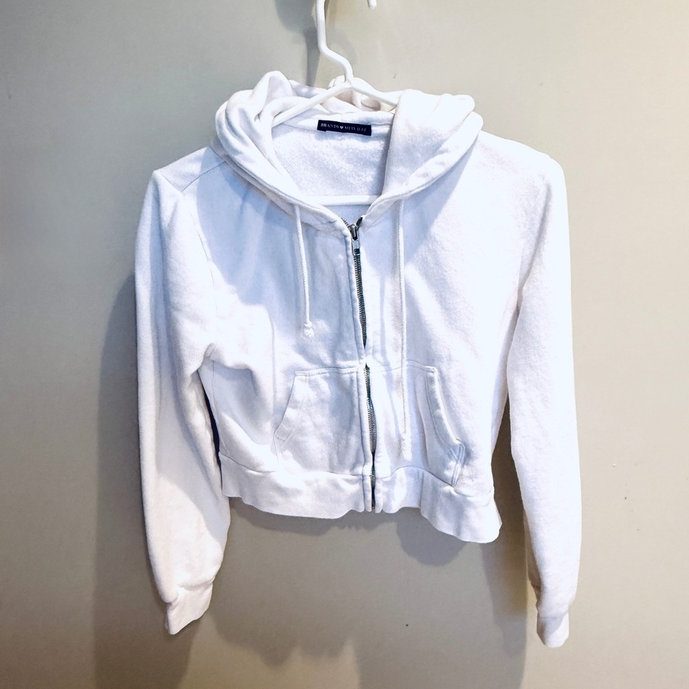 Brandy Melville White Full Zip Hoodie Drawstring Cropped Sweatshirt